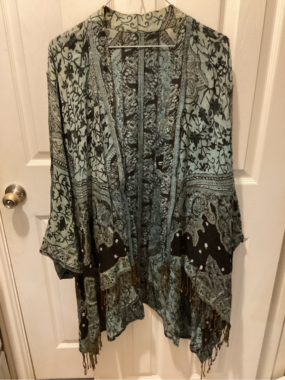Boho Fringe Open Kimono in Teal and Black